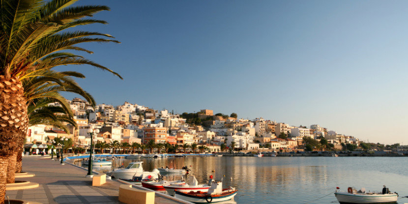 The seafront promenade at Sitia, the main town of Lasithi province, Crete, in early morning light.